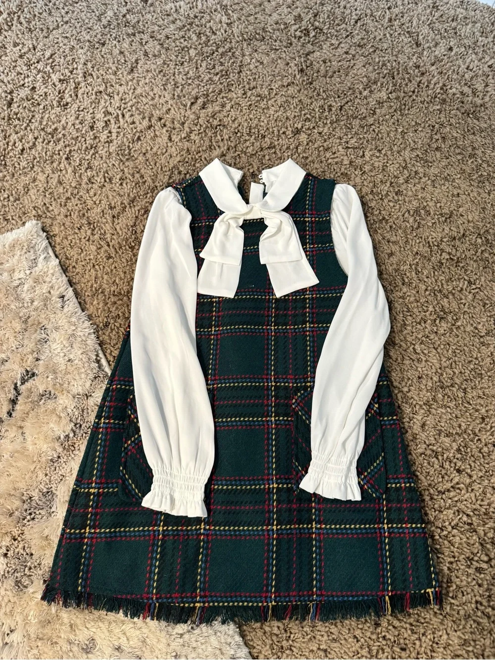 Abel and Lula Plaid Pinafore Dress with Bow Detail
